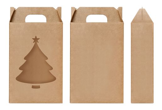 Box brown window Christmas tree shape cut out Packaging template, Empty kraft Box Cardboard isolated white background, Boxes Paper kraft natural material, Gift Box Brown Paper from Industrial Packaging carton