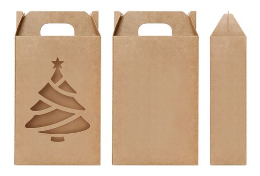 Box brown window Christmas tree shape cut out Packaging template, Empty kraft Box Cardboard isolated white background, Boxes Paper kraft natural material, Gift Box Brown Paper from Industrial Packaging carton