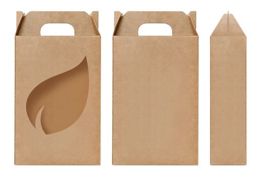 Box brown window Leaves shape cut out Packaging template, Empty kraft Box Cardboard isolated white background, Boxes Paper kraft natural material, Gift Box Brown Paper from Industrial Packaging carton