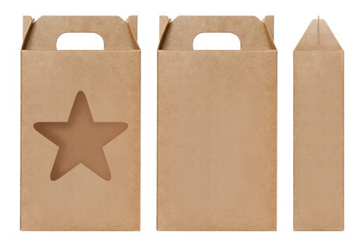 Box brown window Star shape cut out Packaging template, Empty kraft Box Cardboard isolated white background, Boxes Paper kraft natural material, Gift Box Brown Paper from Industrial Packaging carton