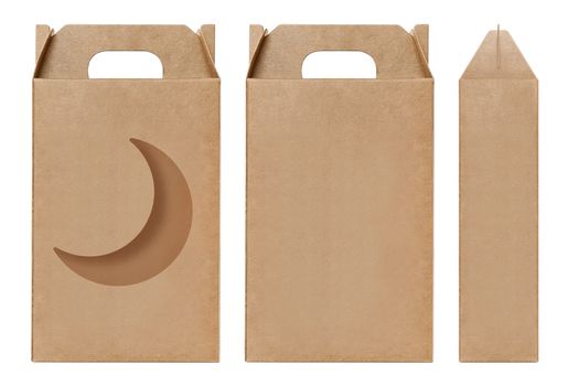 Box brown window Crescent Moon shape cut out Packaging template, Empty kraft Box Cardboard isolated white background, Boxes Paper kraft natural material, Gift Box Brown Paper from Industrial Packaging carton