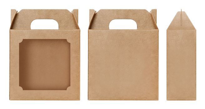 Box brown window shape cut out Packaging template, Empty kraft Box Cardboard isolated white background, Boxes Paper kraft natural material, Gift Box Brown Paper from Industrial Packaging carton