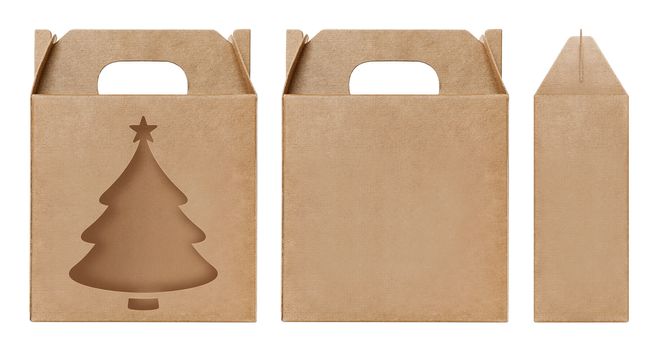 Box brown window Christmas tree shape cut out Packaging template, Empty kraft Box Cardboard isolated white background, Boxes Paper kraft natural material, Gift Box Brown Paper from Industrial Packaging carton