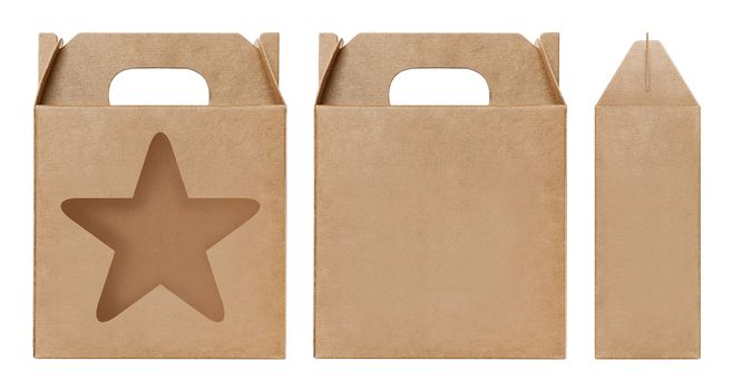 Box brown window Star shape cut out Packaging template, Empty kraft Box Cardboard isolated white background, Boxes Paper kraft natural material, Gift Box Brown Paper from Industrial Packaging carton