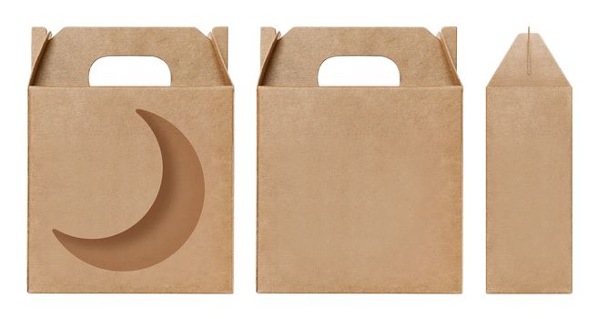 Box brown window Crescent Moon shape cut out Packaging template, Empty kraft Box Cardboard isolated white background, Boxes Paper kraft natural material, Gift Box Brown Paper from Industrial Packaging carton