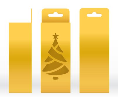 Hanging Box Gold window Christmas tree shape cut out Packaging Template blank. Luxury Empty Box Golden Template for design product package gift box, Gold Box packaging paper kraft cardboard package