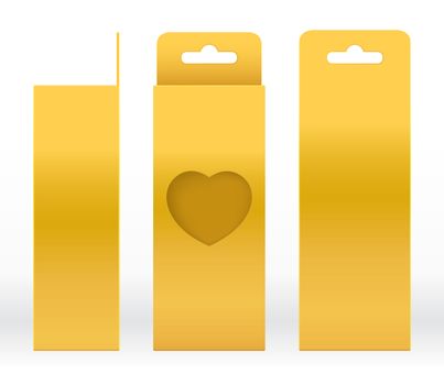 Hanging Box Gold window heart-shaped cut out Packaging Template blank. Luxury Empty Box Golden Template for design product package gift box, Gold Box packaging paper kraft cardboard package