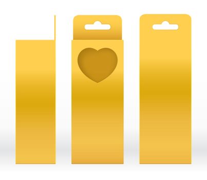 Hanging Box Gold window heart-shaped cut out Packaging Template blank. Luxury Empty Box Golden Template for design product package gift box, Gold Box packaging paper kraft cardboard package