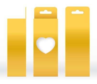 Hanging Box Gold window heart shaped cut out Packaging Template blank. Luxury Empty Box Golden yellow Template for design product package gift box, Yellow Gold Box packaging paper kraft cardboard package