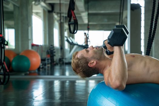 Strong man exercising with dumbbells in a gym,Athlete builder muscles lifestyle.