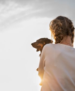 Pet care concept. Young woman with plaited hair holding her dachshund dog in her arms outdoors in sunset. Focus on dog