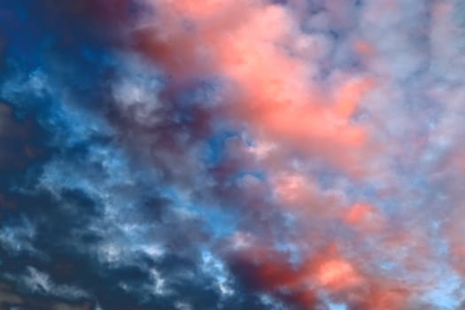 Beautiful panorama of orange and yellow clouds at sunrise and sunset in a blue sky