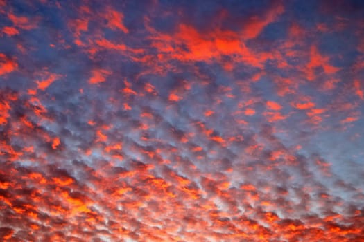 Beautiful panorama of orange and yellow clouds at sunrise and sunset in a blue sky