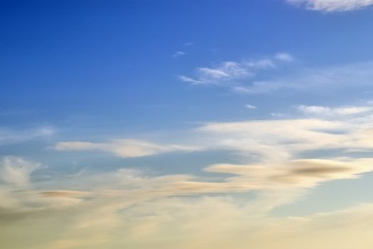 Beautiful panorama of orange and yellow clouds at sunrise and sunset in a blue sky