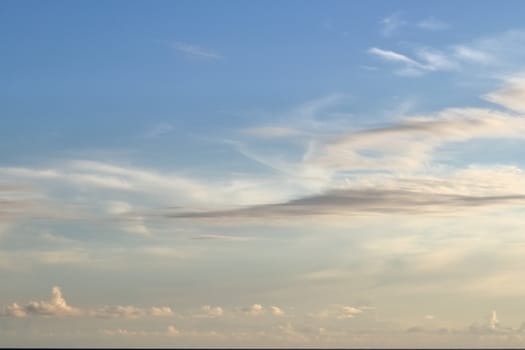 Beautiful panorama of orange and yellow clouds at sunrise and sunset in a blue sky