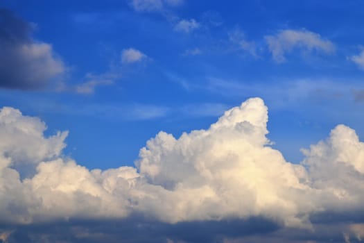 Beautiful panorama of orange and yellow clouds at sunrise and sunset in a blue sky