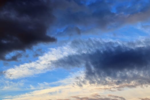 Beautiful panorama of orange and yellow clouds at sunrise and sunset in a blue sky