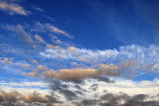 Beautiful panorama of orange and yellow clouds at sunrise and sunset in a blue sky