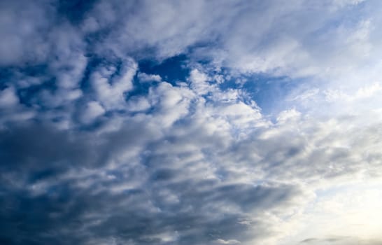 Beautiful panorama of orange and yellow clouds at sunrise and sunset in a blue sky