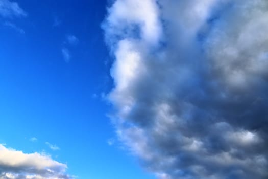 Beautiful panorama of orange and yellow clouds at sunrise and sunset in a blue sky