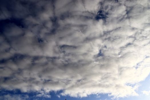 Beautiful panorama of orange and yellow clouds at sunrise and sunset in a blue sky