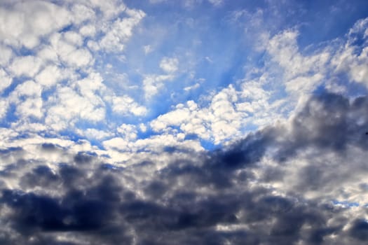 Beautiful panorama of orange and yellow clouds at sunrise and sunset in a blue sky