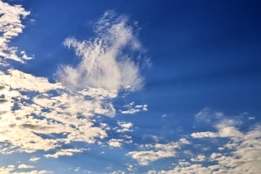 Beautiful panorama of orange and yellow clouds at sunrise and sunset in a blue sky