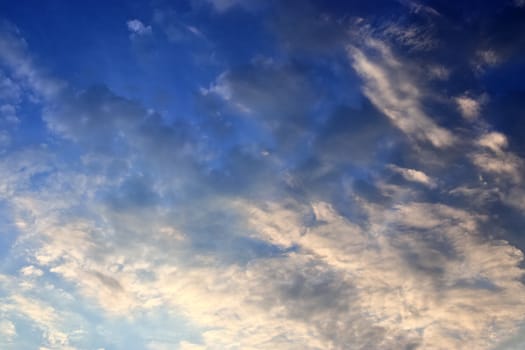 Beautiful panorama of orange and yellow clouds at sunrise and sunset in a blue sky