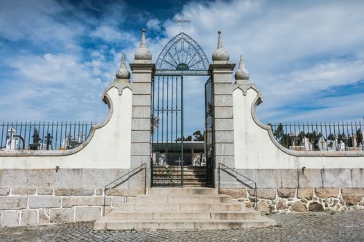 Vila Cha near Esposende, Portugal - May 9, 2018: architectural detail of the entrance to the village cemetery on a spring day