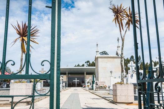 Vila Cha near Esposende, Portugal - May 9, 2018: architectural detail of the entrance to the village cemetery on a spring day