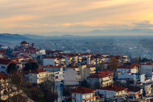 Greek town evening panorama with red roof houses, Kalabaka, Thessaly, Greece