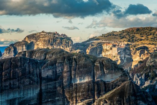 Varlaam and Grand Meteora monasteries, built on the rocks, mountain landscape, Meteors, Trikala, Thessaly, Greece