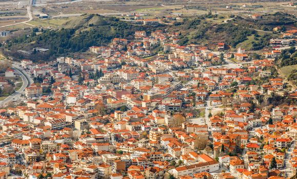 Kalabaka Greek town orange building roofs, aerial view, Kalampaka, Trikala, Thessaly, Greece