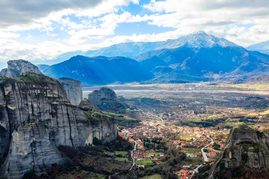 Kastraki Greek village panorama in the valley among steep rocks and mountains in the background, Kastraki, Trinkala, Thessaly, Greece