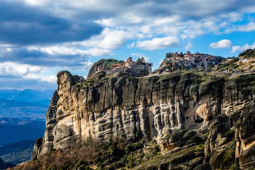 Varlaam and Grand Meteora monasteries, built on the rocks, mountain landscape, Meteors, Trikala, Thessaly, Greece