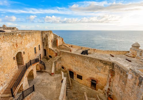 San Pedro de La roca fort inner yard and walls, sunset view, Santiago De Cuba, Cuba