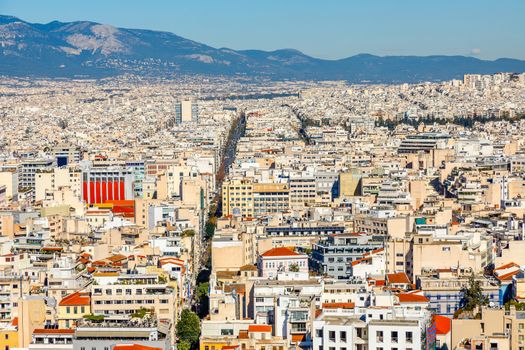 Central district of modern Athens city divided by wide avenue, Attica, Greece