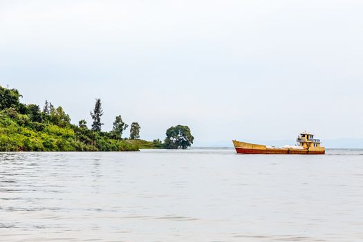 Cargo ship anchored at the shore, Kivu lake, Rwanda