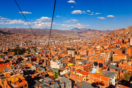 Cable cars or funicular system over orange roofs and buildings of the Bolivian capital, La Paz, Bolivia