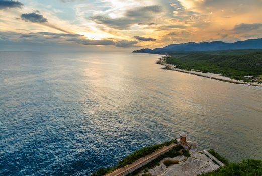 San Pedro de La Roca fort walls and Caribbean sea sunset view, Santiago De Cuba, Cuba