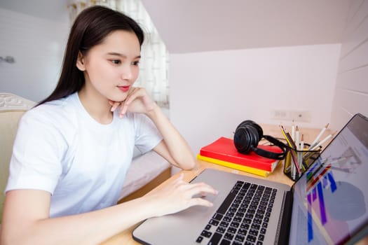 Asian woman happy cheerful cute beautiful is using a notebook computer and sitting on sofa for working from home. She is quarantined at home during the coronavirus epidemic.
