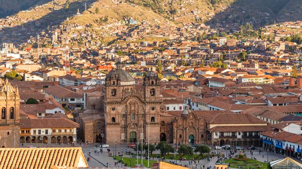 Aerial view to the church of the Society of Jesus, and Plaza De Armas Cuzco, Peru