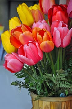 Colorful spring tulips floral arrangement in basket