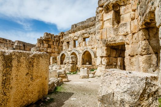 Ancient ruined walls of Court Hexagonale, Beqaa Valley, Baalbek, Lebanon