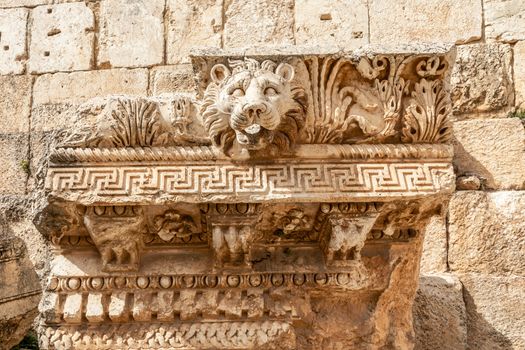 Head of the lion, Roman wall ornament at Bacchus temple, Bekaa Valley, Baalbek, Lebanon