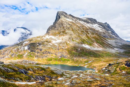 Snow mountain peak around Alnesvatnet lake panorama, path of trolles, Trollstigen, Rauma Municipality, More og Romsdal, county, Norway