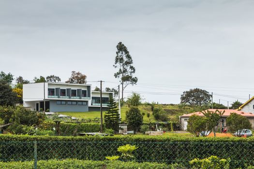 Vila Cha near Esposende, Portugal - May 9, 2018: architectural detail of a modern house in a small village in northern Portugal on a spring day