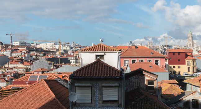 Porto, Portugal - November 30, 2018: View of the typical architecture of the historic city center from the top of the hill on an autumn day