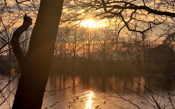 Beautiful and romantic sunset at a lake in stunning yellow and orange colors