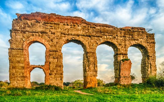 Ruins of the iconic Parco degli Acquedotti, Rome, Italy. The public park is named after the 7 ancient aqueducts that go through it